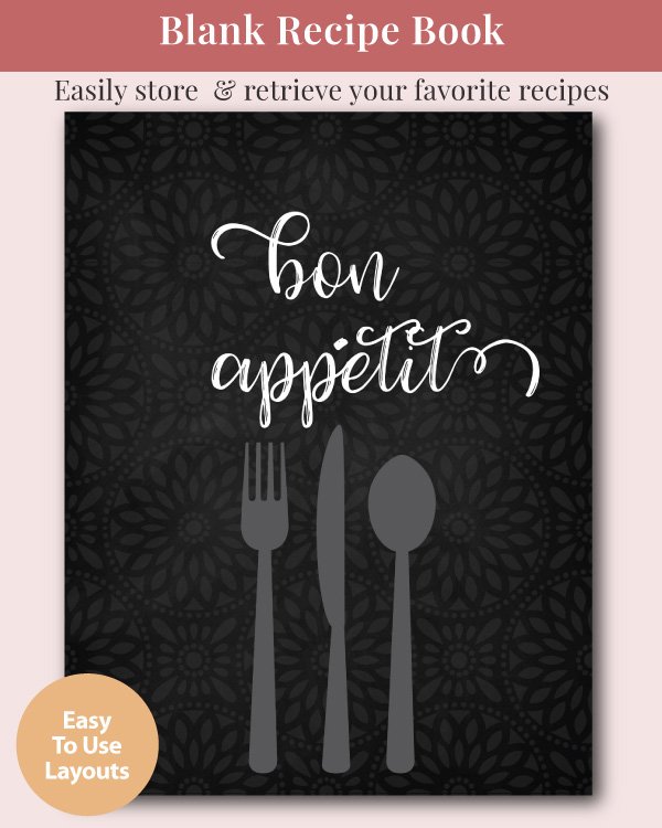A blank recipe journal that says “Bon Appetit